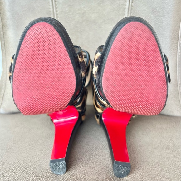 Christian loub Keny 120 Leopard Calf Hair Brown Black Gladiator Peep Toe 38 1/2 - Picture 13 of 16